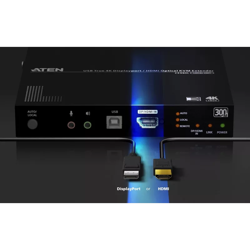 KVM extender ATEN True 4K DP/HDMI optický KVM 300m – vysielač a prijímač, DisplayPort/HDMI, USB, 300 m