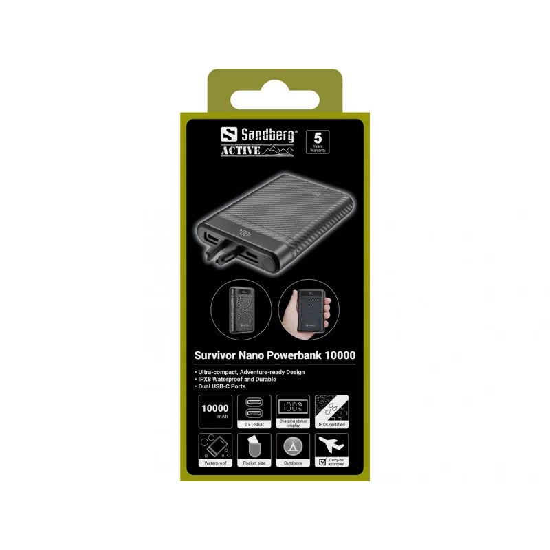 Sandberg Survivor Nano Powerbank 10000, 10000 mAh, Lithium-Ion (Li-Ion), 3,7 V, 20 W, čierna