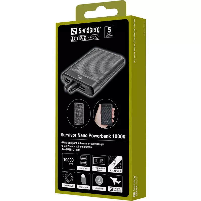 Sandberg Survivor Nano Powerbank 10000, 10000 mAh, Lithium-Ion (Li-Ion), 3,7 V, 20 W, čierna