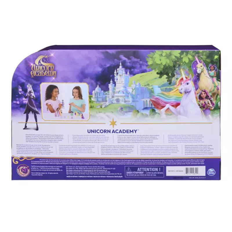 Unicorn Academy, Magic Unleashed Adventure Pack, nápad na veľkonočný darček, obsahuje bábiky Sophia, Ava, Ravenzella, jednorožce Wildstar, Leaf a ďalšie