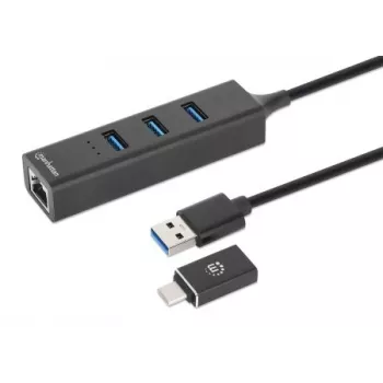 Manhattan USB-C & USB-A Combo-Dock/Hub, konektory (4): Ethernet a USB-A (x3), 5 Gbit/s (USB 3.2 Gen 1, známy aj ako USB 3.0), napájaný cez USB (bez potreby externého napájacieho zdroja)