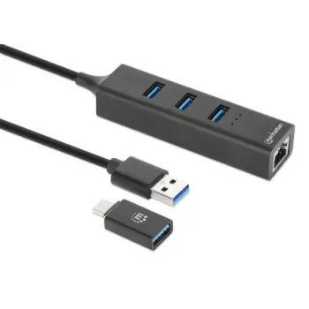 Manhattan USB-C & USB-A Combo-Dock/Hub, konektory (4): Ethernet a USB-A (x3), 5 Gbit/s (USB 3.2 Gen 1, známy aj ako USB 3.0), napájaný cez USB (bez potreby externého napájacieho zdroja)