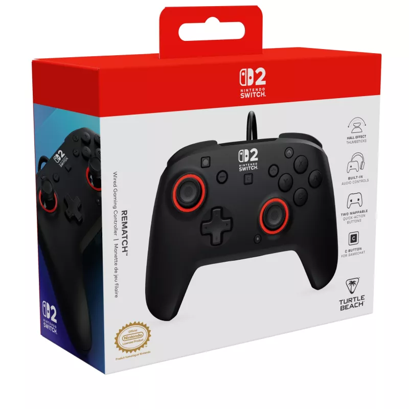 Káblový herný ovládač Turtle Beach Rematch pre Nintendo Switch 2 – USB-C, 3 m kábel, tlačidlo Späť, D-pad, čierny