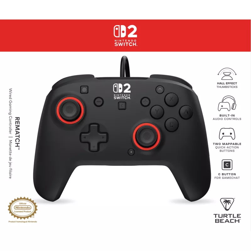 Káblový herný ovládač Turtle Beach Rematch pre Nintendo Switch 2 – USB-C, 3 m kábel, tlačidlo Späť, D-pad, čierny