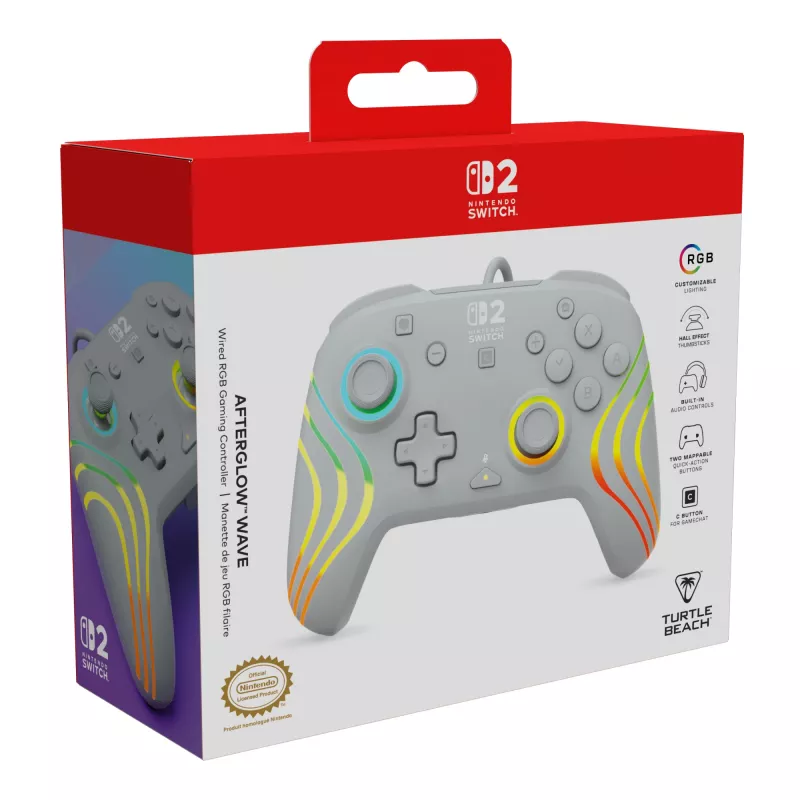 Káblový RGB herný ovládač Turtle Beach Afterglow Wave sivý – USB-C, 3 m kábel, pre Nintendo Switch / Switch 2 / Switch OLED