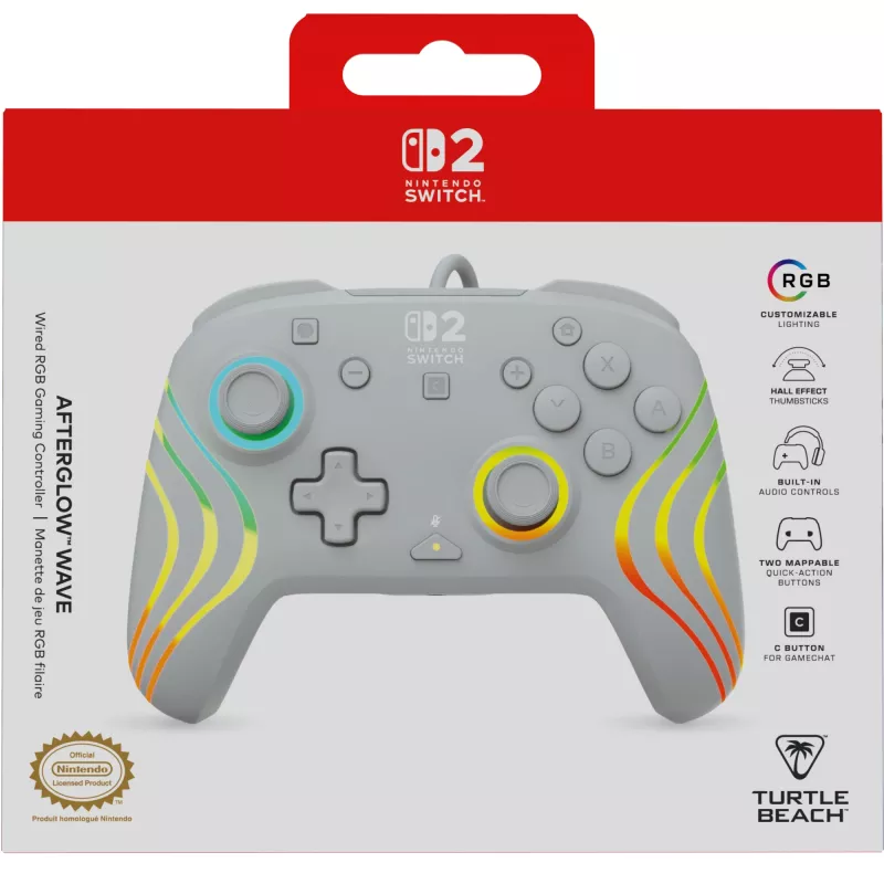 Káblový RGB herný ovládač Turtle Beach Afterglow Wave sivý – USB-C, 3 m kábel, pre Nintendo Switch / Switch 2 / Switch OLED