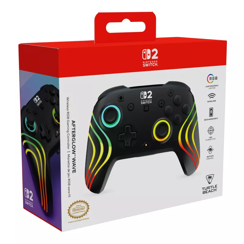 Bezdrôtový RGB herný ovládač Turtle Beach Afterglow Wave čierny pre Nintendo Switch 2 — Bluetooth/USB-C, integrovaná batéria 20 h, 3 m kábel