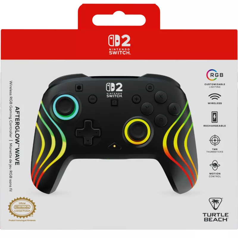 Bezdrôtový RGB herný ovládač Turtle Beach Afterglow Wave čierny pre Nintendo Switch 2 — Bluetooth/USB-C, integrovaná batéria 20 h, 3 m kábel