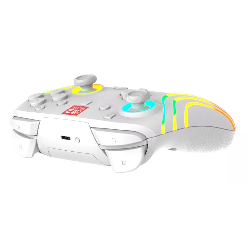 Bezdrôtový RGB herný ovládač Turtle Beach Afterglow Wave White pre Nintendo Switch 2, Bluetooth/USB-C, integrovaná batéria 20 h, 3 m kábel