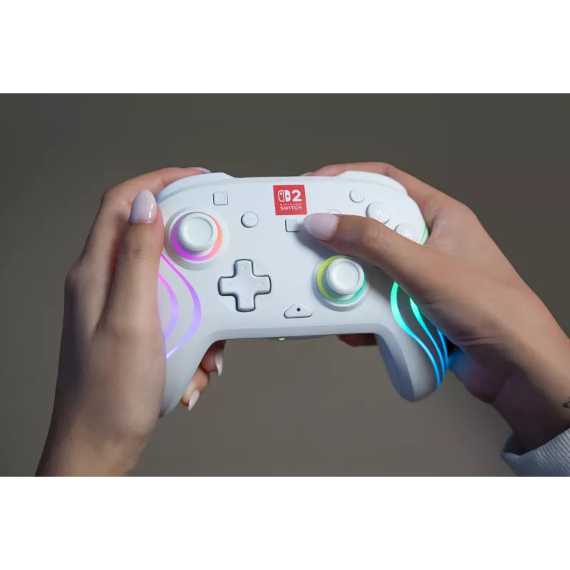 Bezdrôtový RGB herný ovládač Turtle Beach Afterglow Wave White pre Nintendo Switch 2, Bluetooth/USB-C, integrovaná batéria 20 h, 3 m kábel