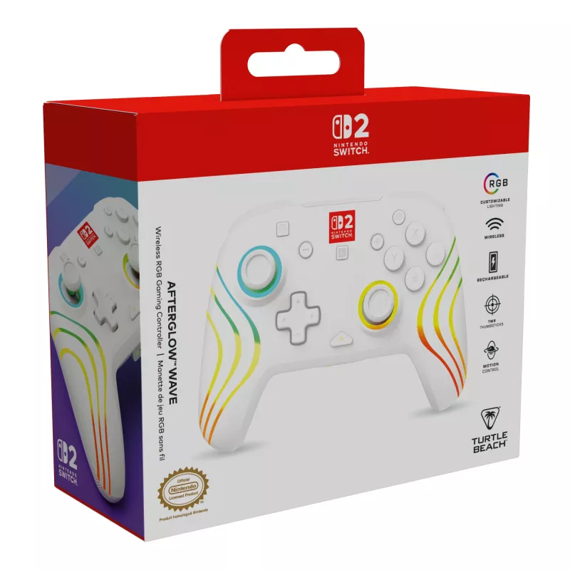 Bezdrôtový RGB herný ovládač Turtle Beach Afterglow Wave White pre Nintendo Switch 2, Bluetooth/USB-C, integrovaná batéria 20 h, 3 m kábel