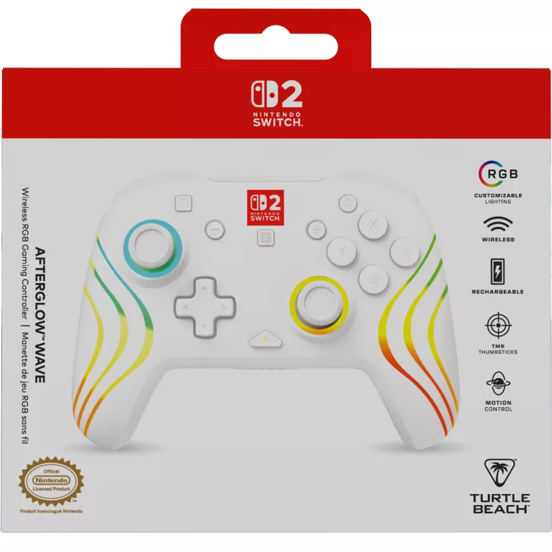Bezdrôtový RGB herný ovládač Turtle Beach Afterglow Wave White pre Nintendo Switch 2, Bluetooth/USB-C, integrovaná batéria 20 h, 3 m kábel