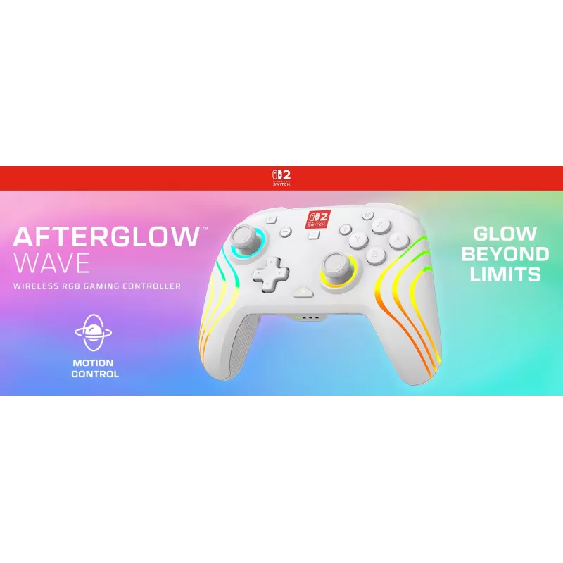 Bezdrôtový RGB herný ovládač Turtle Beach Afterglow Wave White pre Nintendo Switch 2, Bluetooth/USB-C, integrovaná batéria 20 h, 3 m kábel