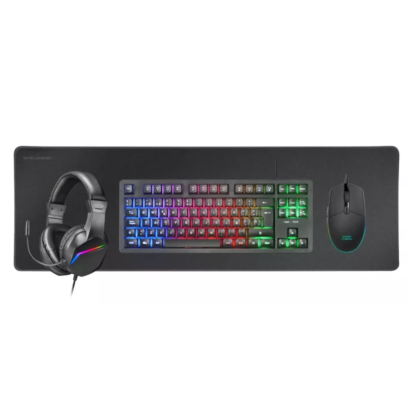 Mars Gaming 4-in-1 herná sada MCP-RGB3, káblová, USB, membránová, RGB LED, čierna, myš v balení