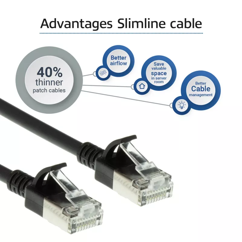 ACT čierny 0,5 meter LSZH U/FTP CAT6A datacentrový Slimline patch kábel snagless s RJ45 konektormi