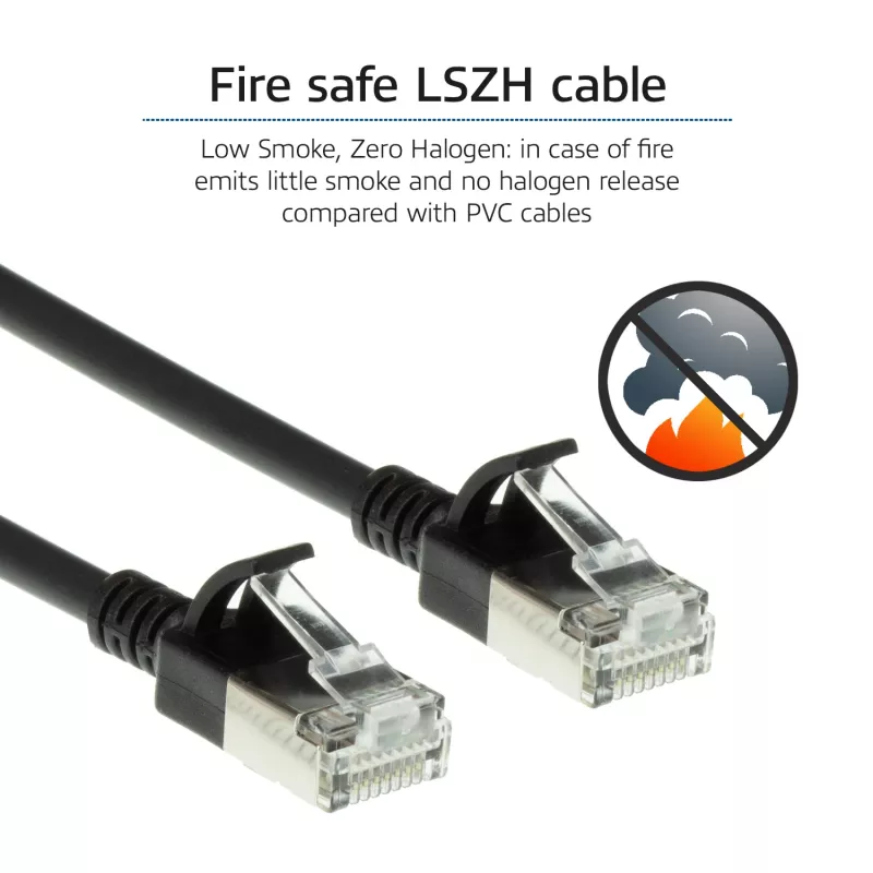 ACT čierny 0,5 meter LSZH U/FTP CAT6A datacentrový Slimline patch kábel snagless s RJ45 konektormi