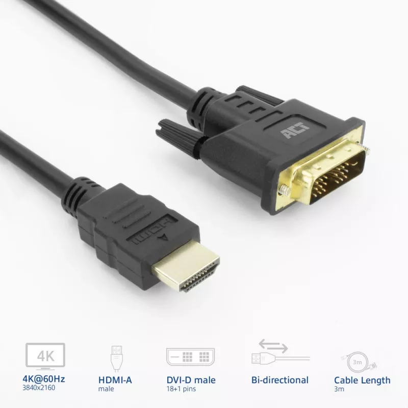 ACT AK3736 video kábel adaptér 3 m HDMI Type-A (štandard) DVI-D čierny