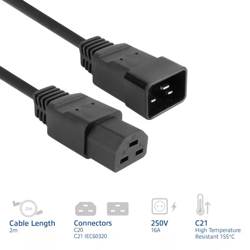 Napájací kábel ACT C20–C21 IEC60320 čierny 2 m, 250 V 16 A