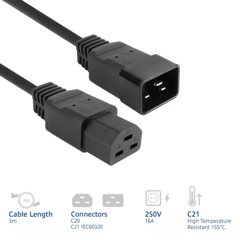 Napájací kábel ACT C20–C21 IEC60320 čierny 3 m, 16 A, 250 V
