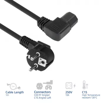 ACT napájací kábel sieťová vidlica CEE7/7 (zahnutá) – C15 (zahnutá vľavo) IEC60320 čierny 1 m