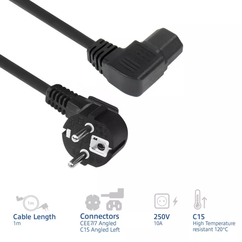 ACT napájací kábel sieťová vidlica CEE7/7 (zahnutá) – C15 (zahnutá vľavo) IEC60320 čierny 1 m