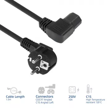 ACT napájací kábel sieťová vidlica CEE7/7 (zahnutá) - C15 (zahnutá vľavo) IEC60320 čierny 1,5 m