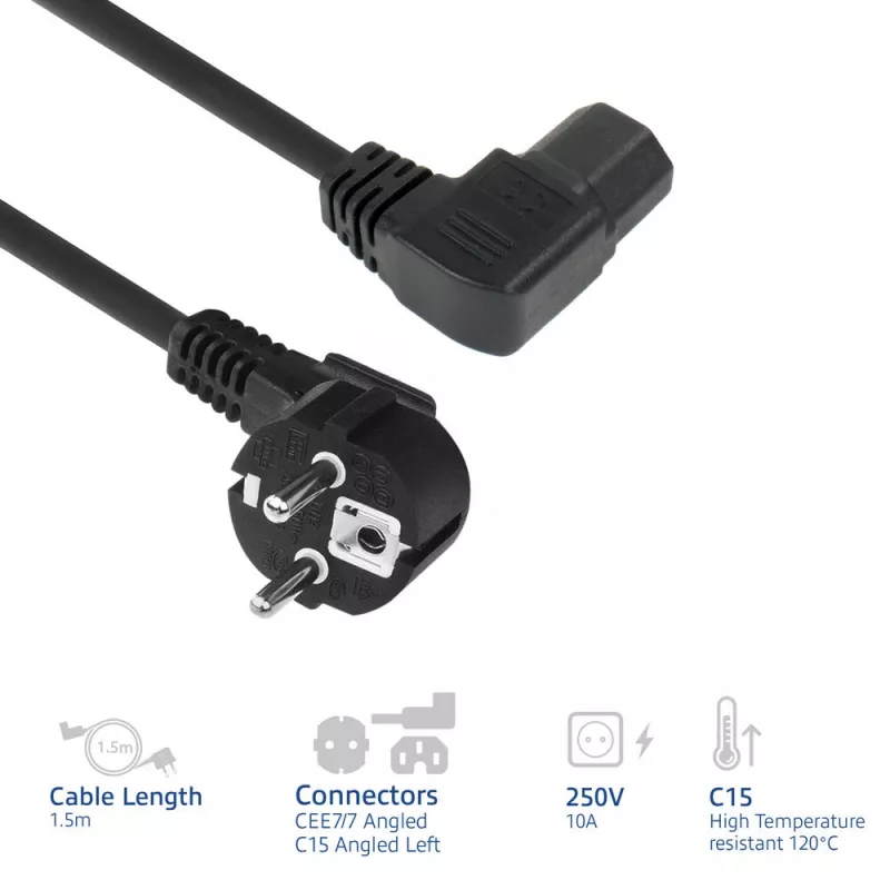 ACT napájací kábel sieťová vidlica CEE7/7 (zahnutá) - C15 (zahnutá vľavo) IEC60320 čierny 1,5 m