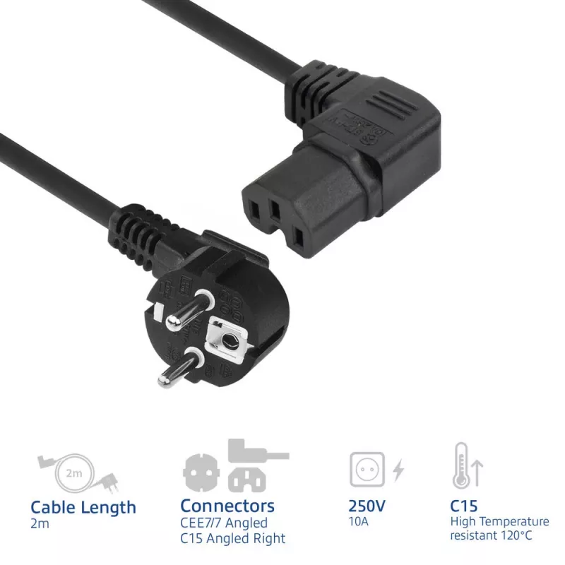 ACT napájací kábel sieťová vidlica CEE 7/7 (zahnutá) - C15 (pravouhlá) IEC60320 čierny 2 m