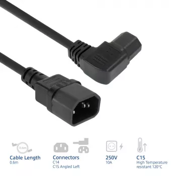 ACT napájací kábel C14 - C15 (zahnutý vľavo) IEC60320 čierny 0,6 m