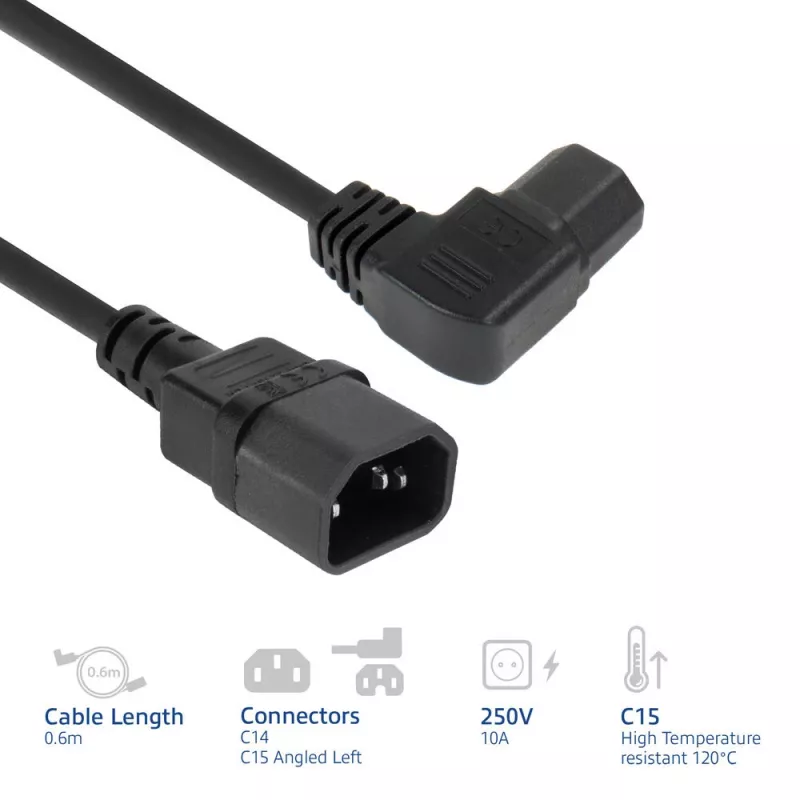 ACT napájací kábel C14 - C15 (zahnutý vľavo) IEC60320 čierny 0,6 m