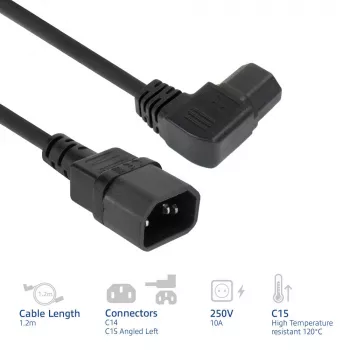 ACT napájací kábel C14 - C15 (zahnutý vľavo) IEC60320 čierny 1,2 m