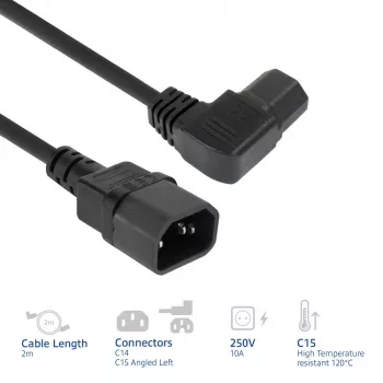 ACT napájací kábel C14 - C15 (zahnutý vľavo) IEC60320 čierny 2 m