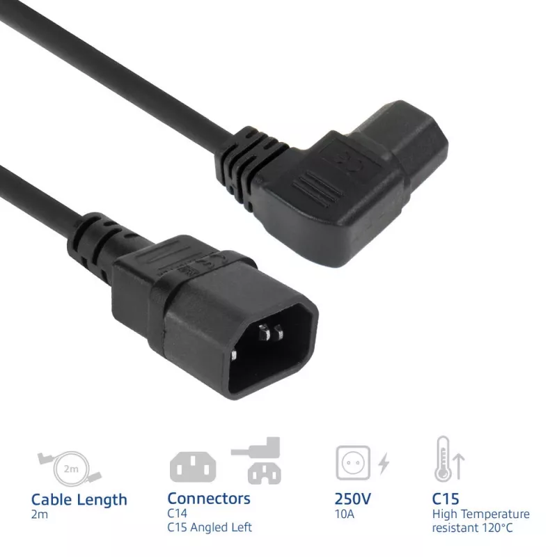 ACT napájací kábel C14 - C15 (zahnutý vľavo) IEC60320 čierny 2 m