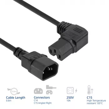 ACT napájací kábel C14 - C15 (zahnutý vpravo) IEC60320 čierny 0,6 m