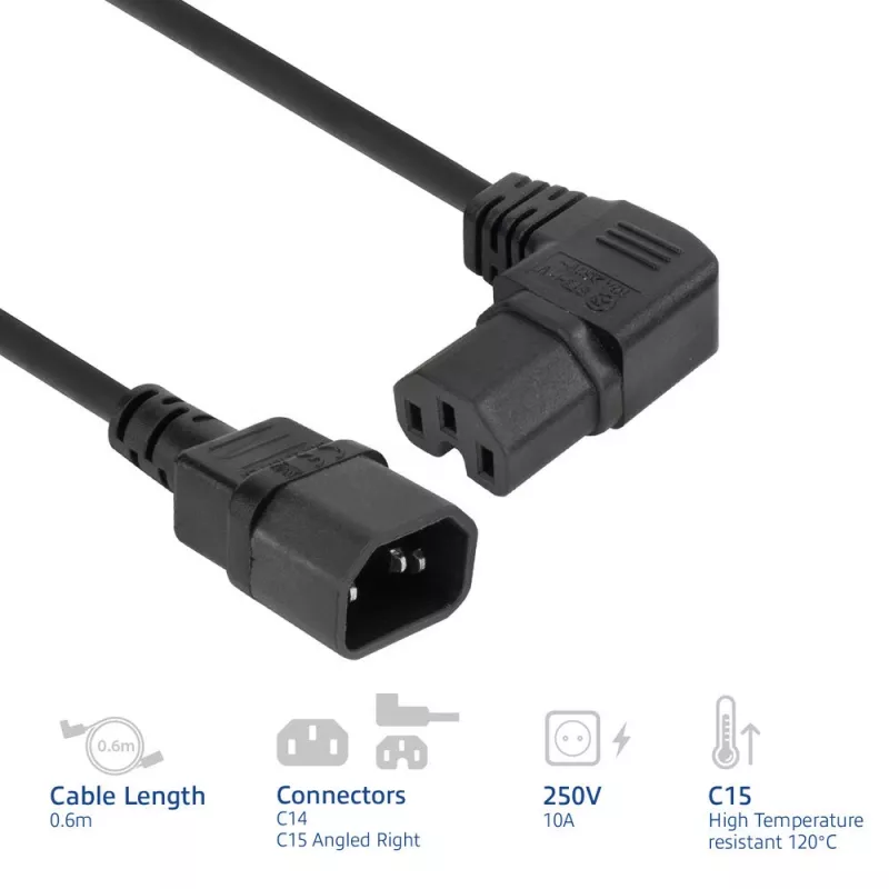 ACT napájací kábel C14 - C15 (zahnutý vpravo) IEC60320 čierny 0,6 m
