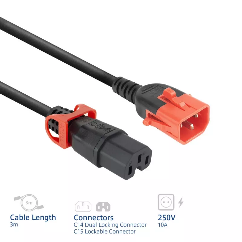 ACT napájací kábel C14 IEC Lock+ Dual Locking - C15 IEC Lock+ čierny 3 m, PC3876