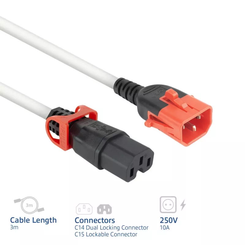 Napájací kábel ACT C14 IEC Lock+ Dual Locking - C15 IEC Lock+ biely 3 m, PC3879