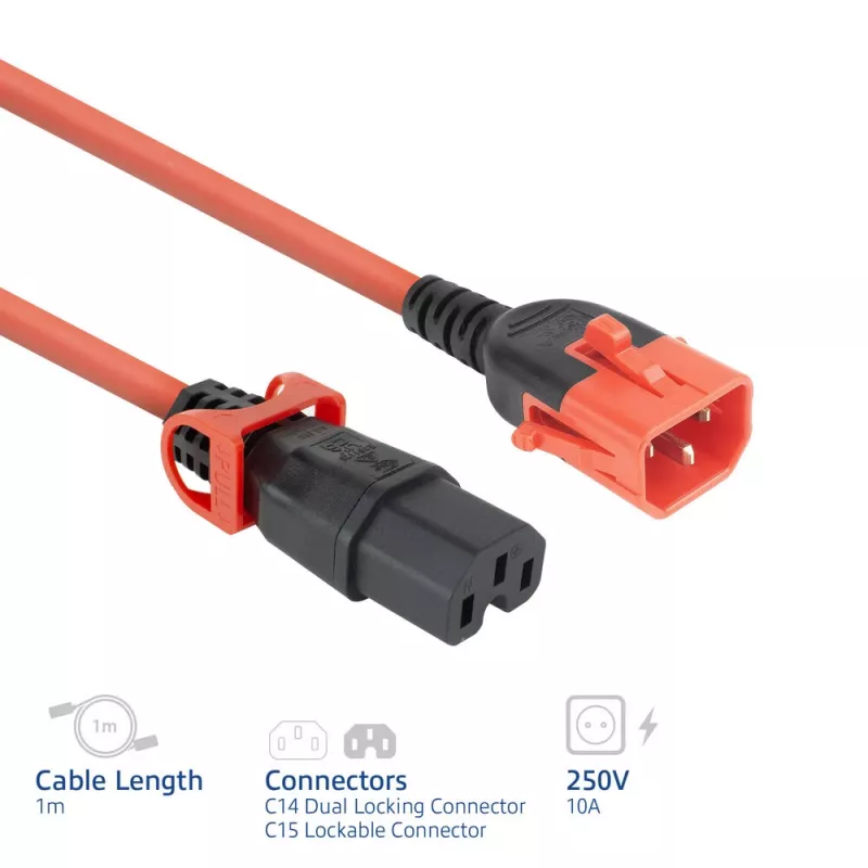 ACT napájací kábel C14 IEC Lock+ Dual Locking - C15 IEC Lock+ červený 1 m, PC3869