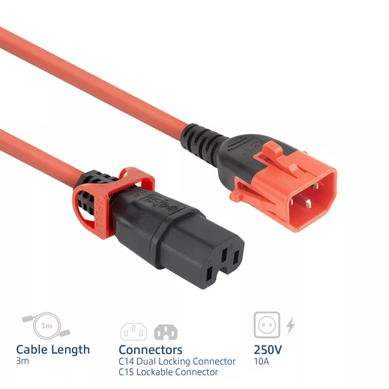 Napájací kábel ACT C14 IEC Lock+ Dual Locking na C15 IEC Lock+ červený, 3 m, 250 V 10 A