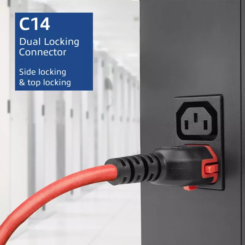 Napájací kábel ACT C14 IEC Lock+ Dual Locking na C15 IEC Lock+ červený, 3 m, 250 V 10 A