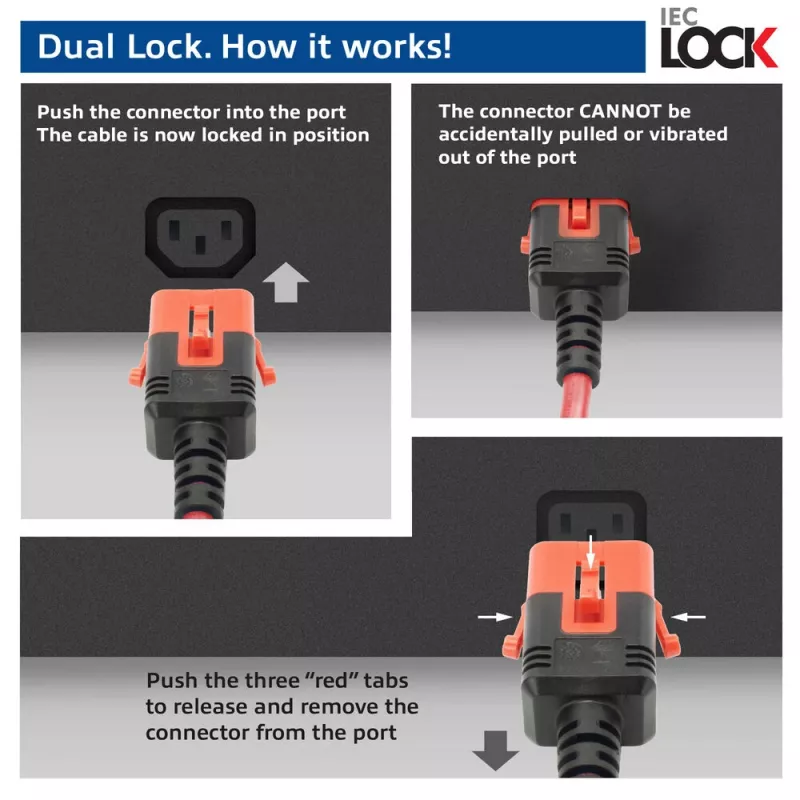 Napájací kábel ACT C14 IEC Lock+ Dual Locking na C15 IEC Lock+ červený, 3 m, 250 V 10 A