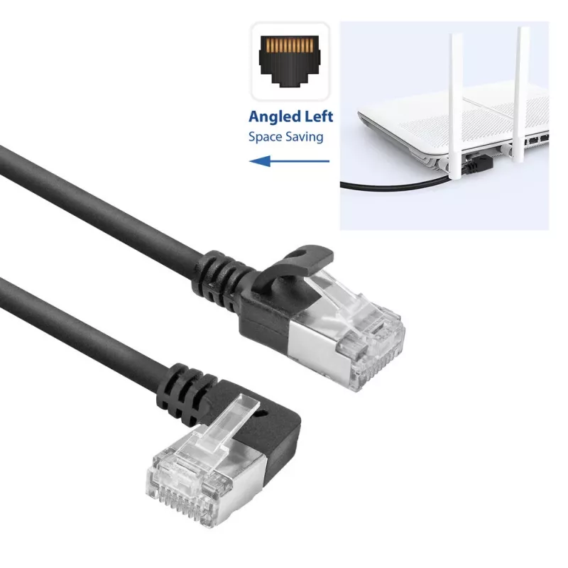 ACT čierny 2 m U/FTP CAT6A LSZH Slimline patch kábel s RJ45 konektormi 90° zahnutý vľavo na rovný