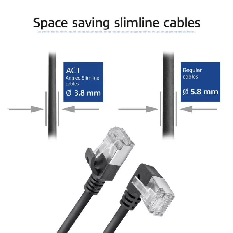 ACT čierny 2 m U/FTP CAT6A LSZH Slimline patch kábel s RJ45 konektormi 90° zahnutý vľavo na rovný