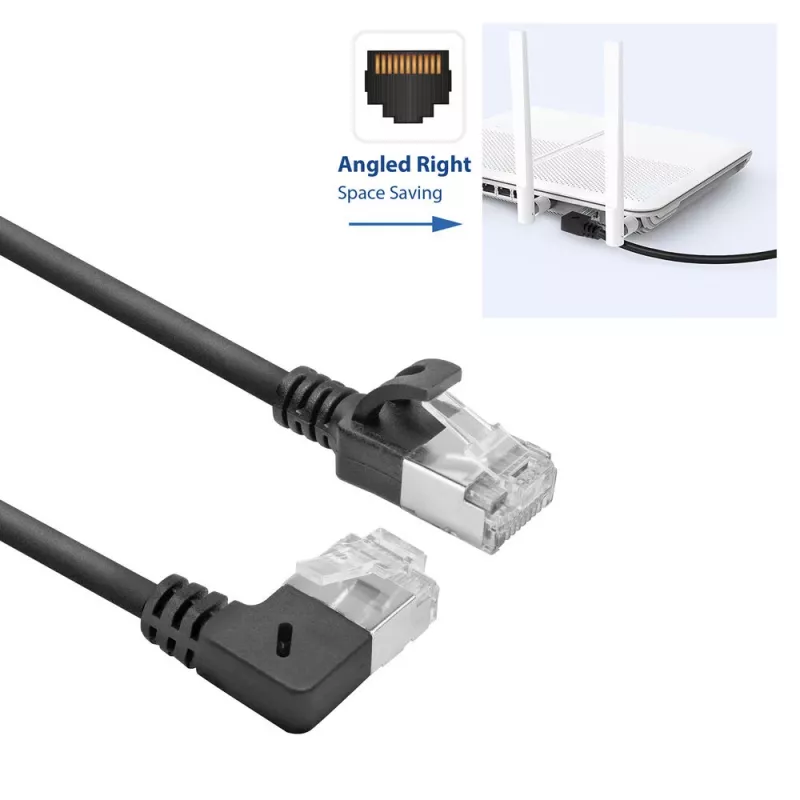 ACT čierny 2 m U/FTP CAT6A LSZH Slimline patch kábel s RJ45 konektormi, 90° zahnutý vpravo na rovný