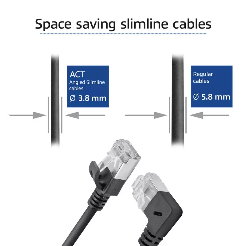 ACT čierny 2 m U/FTP CAT6A LSZH Slimline patch kábel s RJ45 konektormi, 90° zahnutý vpravo na rovný