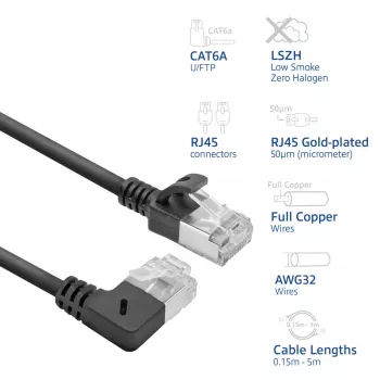 ACT čierny 1,5 m U/FTP CAT6A LSZH Slimline patch kábel s RJ45 konektormi 90° zahnutý vpravo na rovný