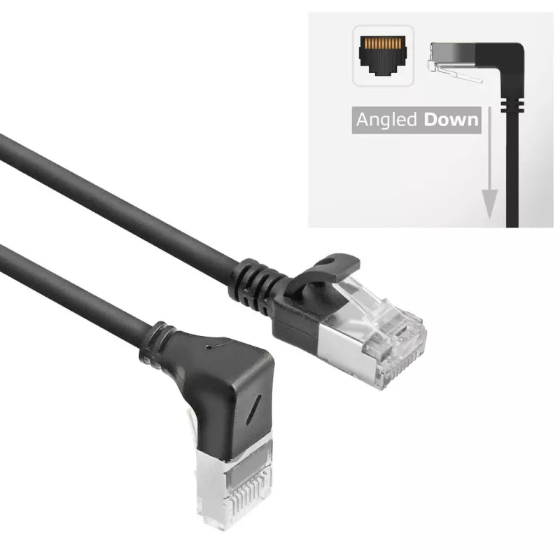 ACT čierny 2 m U/FTP CAT6A LSZH Slimline patch kábel s RJ45 konektormi 90° zahnutý nadol na rovný