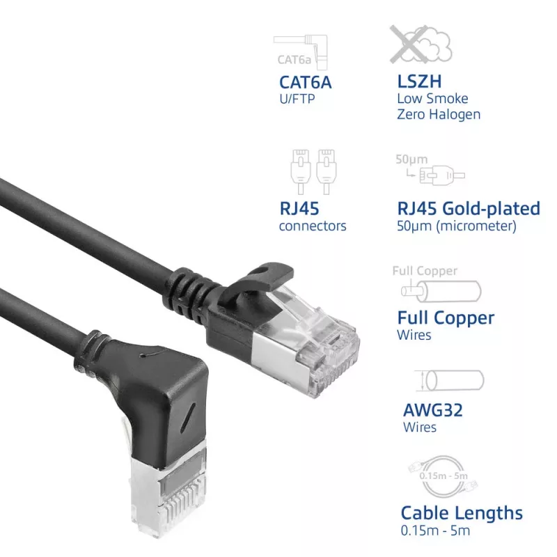 ACT čierny 2 m U/FTP CAT6A LSZH Slimline patch kábel s RJ45 konektormi 90° zahnutý nadol na rovný