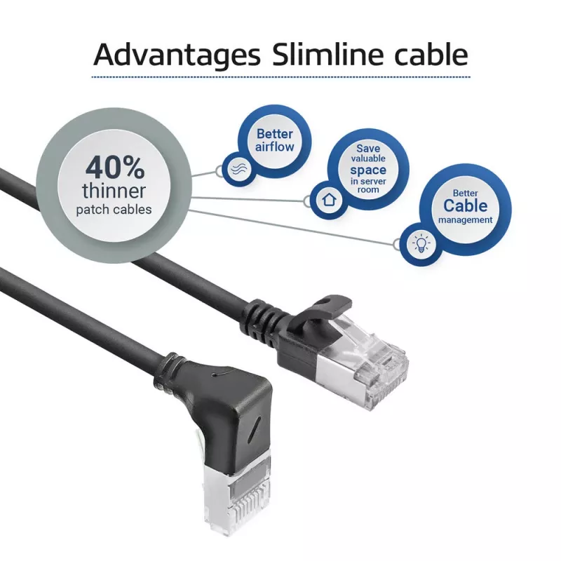 ACT čierny 2 m U/FTP CAT6A LSZH Slimline patch kábel s RJ45 konektormi 90° zahnutý nadol na rovný