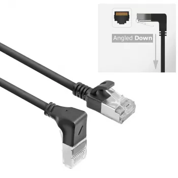ACT čierny 3 m U/FTP CAT6A LSZH Slimline patch kábel s RJ45 konektormi 90° zahnutý nadol na rovný